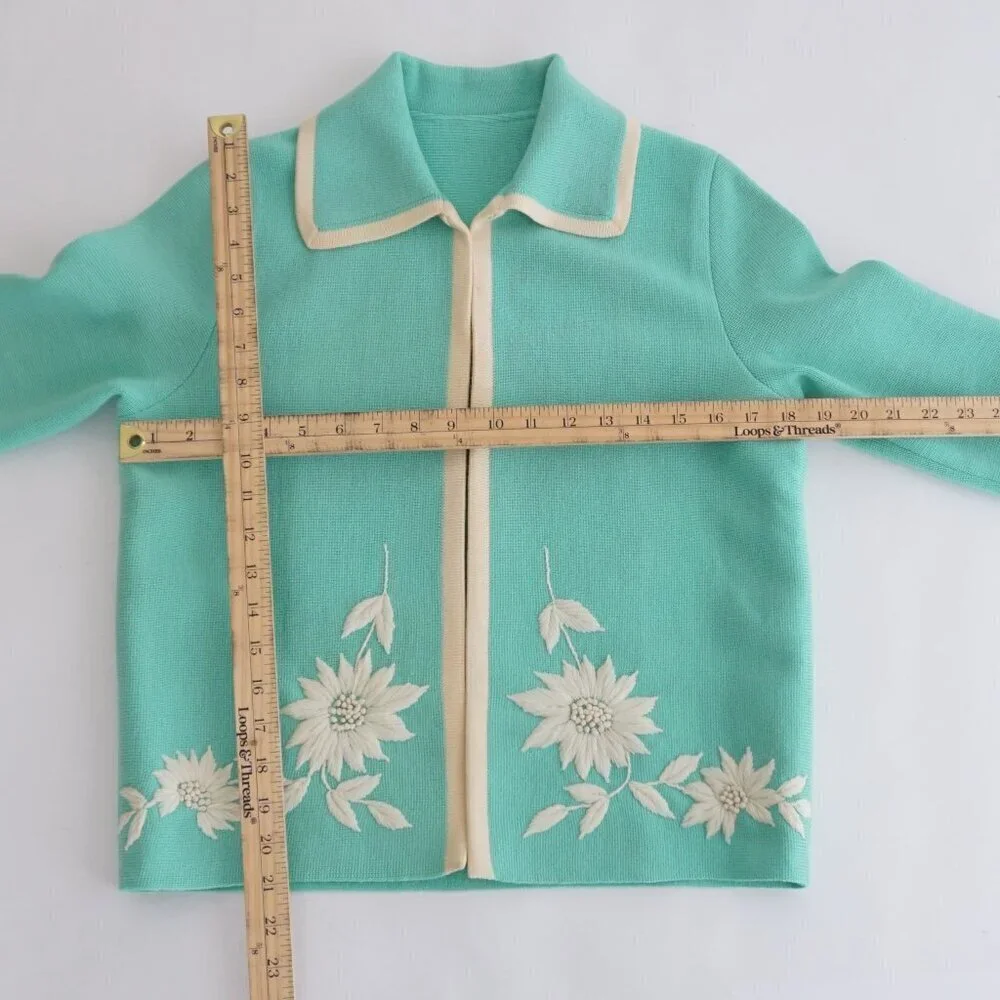 Vintage Teal w White Embroidered Floral Open Front Cardigan Sweater S - Picture 4 of 11